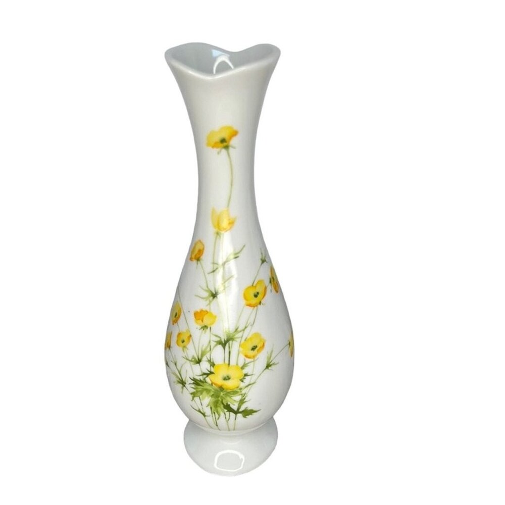 Vtg 70s Bud Vase White Yellow Floral The Toscany Collection Taiwan Cottagecore